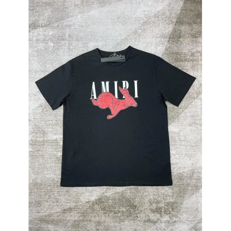 Amiri New print red rabbit short-sleeved wide logo red cashew flower rabbit printt T-shirt