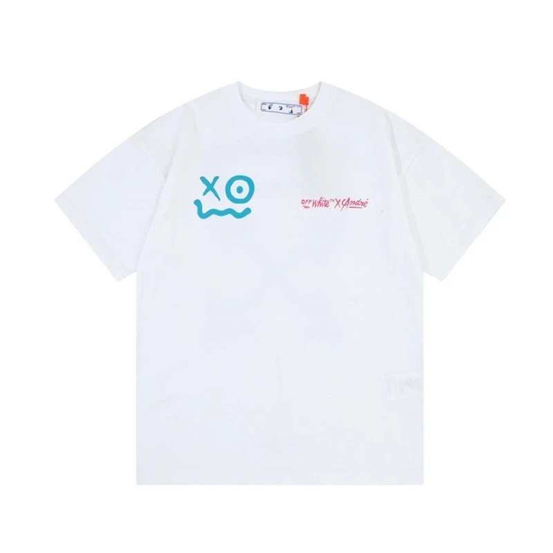 Off-White Blue Smiley Face Graffiti Hand-painted Letters Large LOGO Print Short-sleeved T-shirt