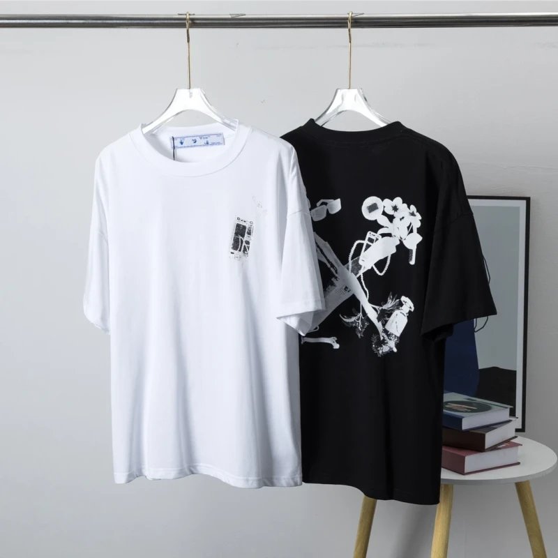 Off-White Cashew Flower Hand-Painted Large Logo Print Original Fabric Official Same Style Short Sleeve T-shirt