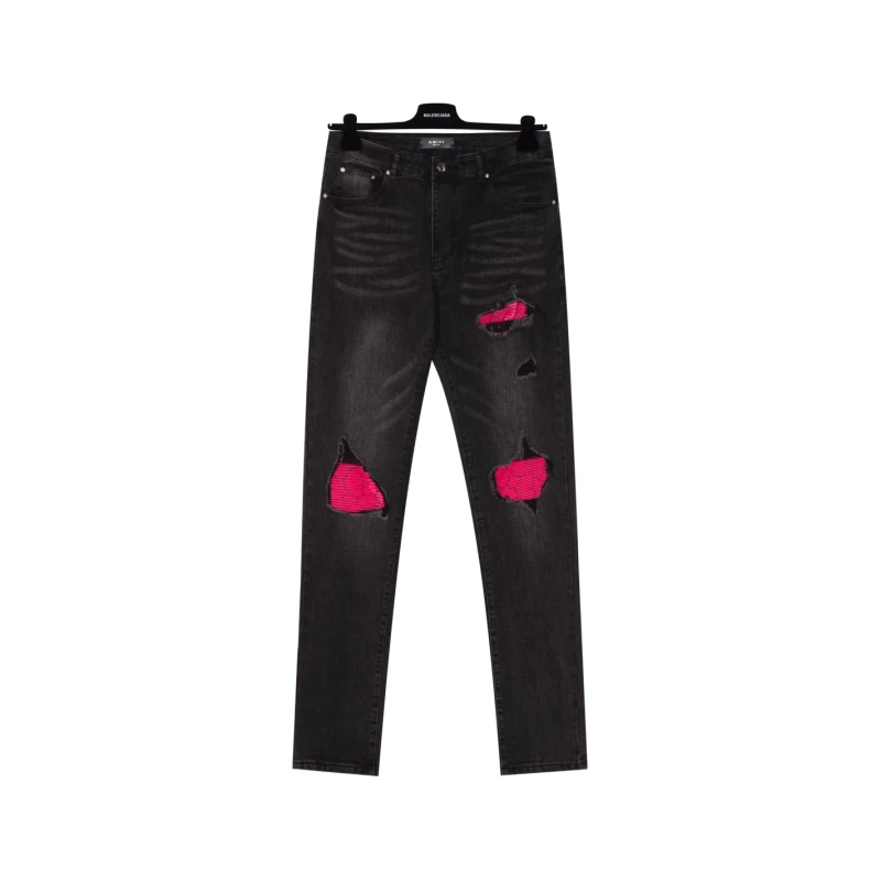 Amiri Pink Leather Print Distressed Slim-fit Patchwork Jeans