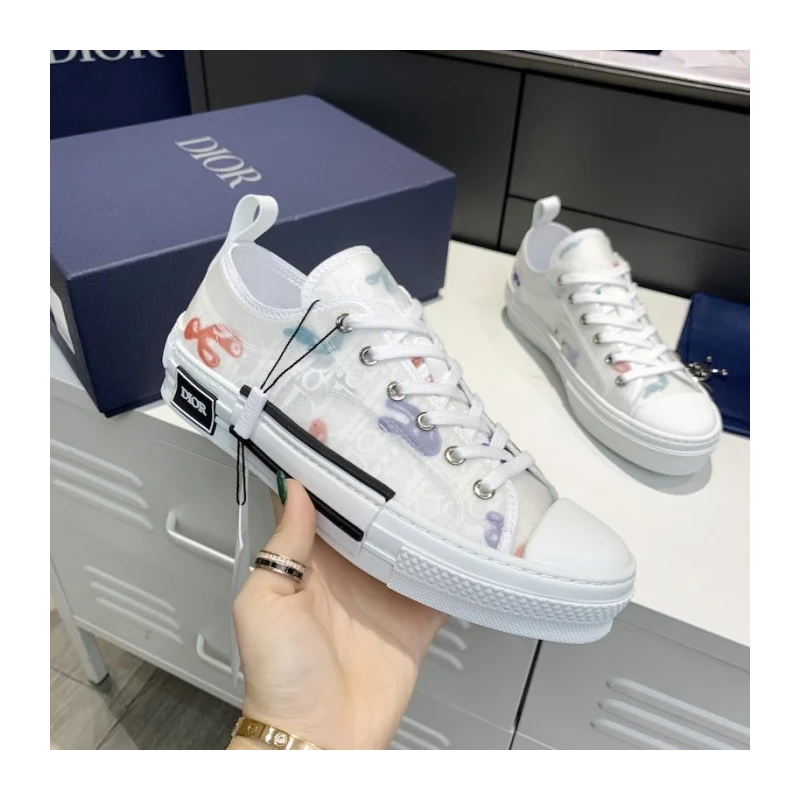 Dior B23 Dior and Kenny scharf low top sneaker white dior oblique canvas cheap wholesale Dior Shoes