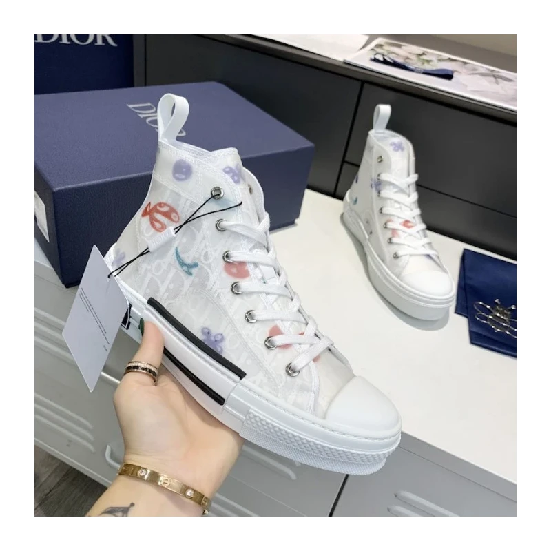 Dior B23 Dior and Kenny scharf high top sneaker white dior oblique canvas cheap wholesale Dior Shoes