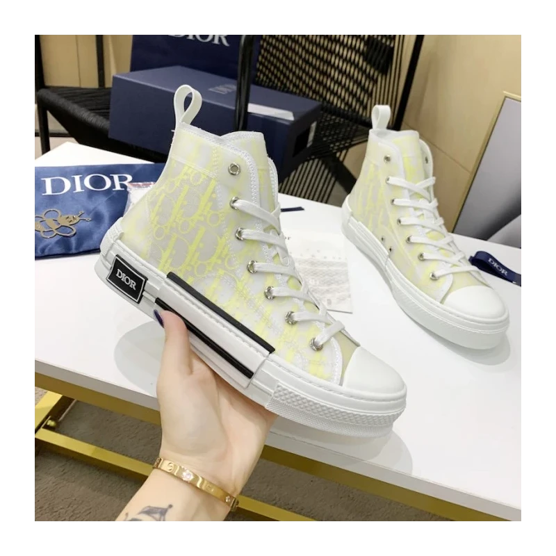 Dior B23 High Top Sneaker White and Yellow Dior Oblique Canvas cheap wholesale Dior Shoes