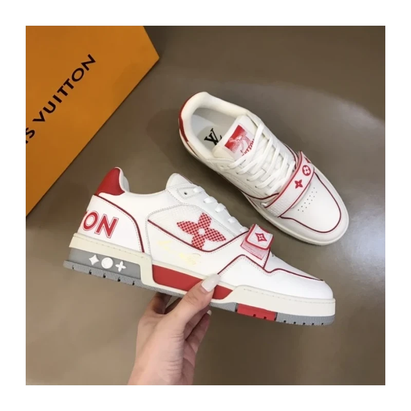 LV Monogram Flowers Trainer Sneaker Red cheap wholesale Louis Vuitton Shoes