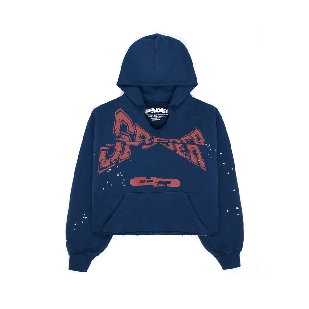 Navy Blue Cropped Sp5der Hoodie,Sp5der Hoodie,HOODIE,APPAREL